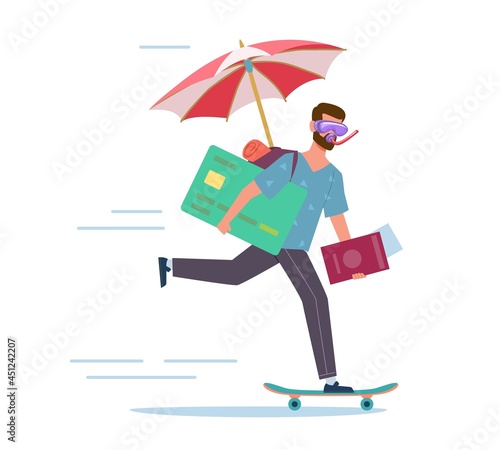 Long-awaited vacation. Man is in hurry to rest. Happy character riding skateboard. Worker in diving mask carrying umbrella and credit card. Traveler running to beach. Vector concept