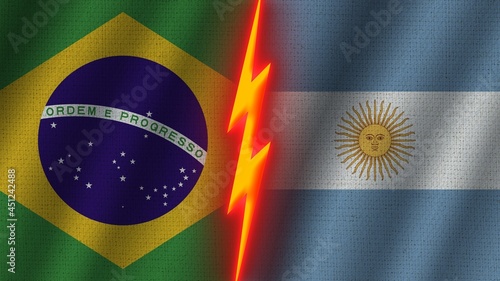 Argentina and Brazil Flags Together, Wavy Fabric Texture Effect, Neon Glow Effect, Shining Thunder Icon, Crisis Concept, 3D Illustration