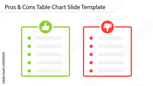 Pros and Cons table chart slide template. Clipart image