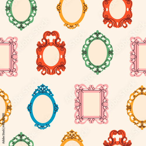 Various decorative Frames or borders. Different shapes. Photo or mirror frames. Elegant, modern style. Hand drawn colored trendy Vector seamless Pattern. Background, wallpaper