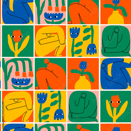 Abstract creatures or people or persons with long arms and small heads. Simple domestic Flowers with eyes. Naive art Style. Colorful trendy Vector illustration. Square seamless Pattern, wallpaper