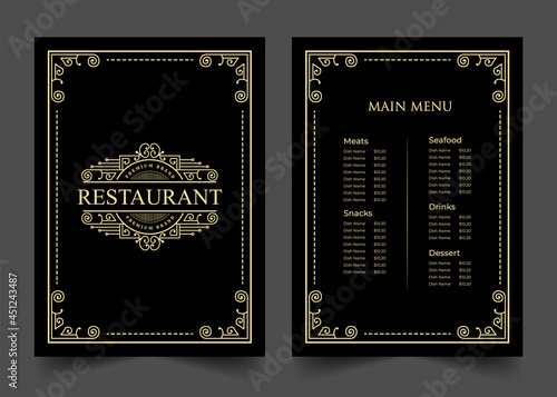 Luxury vintage restaurant food menu card template for packaging with logo for hotel cafe bar coffeeshop