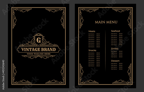 Luxury vintage restaurant food menu card template for packaging with logo for hotel cafe bar coffeeshop