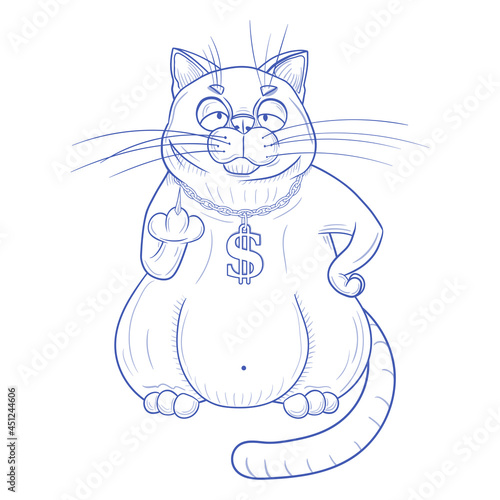 The cat is the boss. The cat is a bandit. Gangster cat. A cat with a chain and a dollar pendant around his neck. The cat shows the middle finger. Linear drawing. Vector illustration of a cat in cartoo