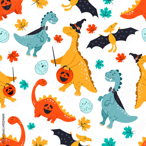 Vector seamless pattern. Cute dinosaurs in cartoon style for Halloween. Happy Halloween pattern
