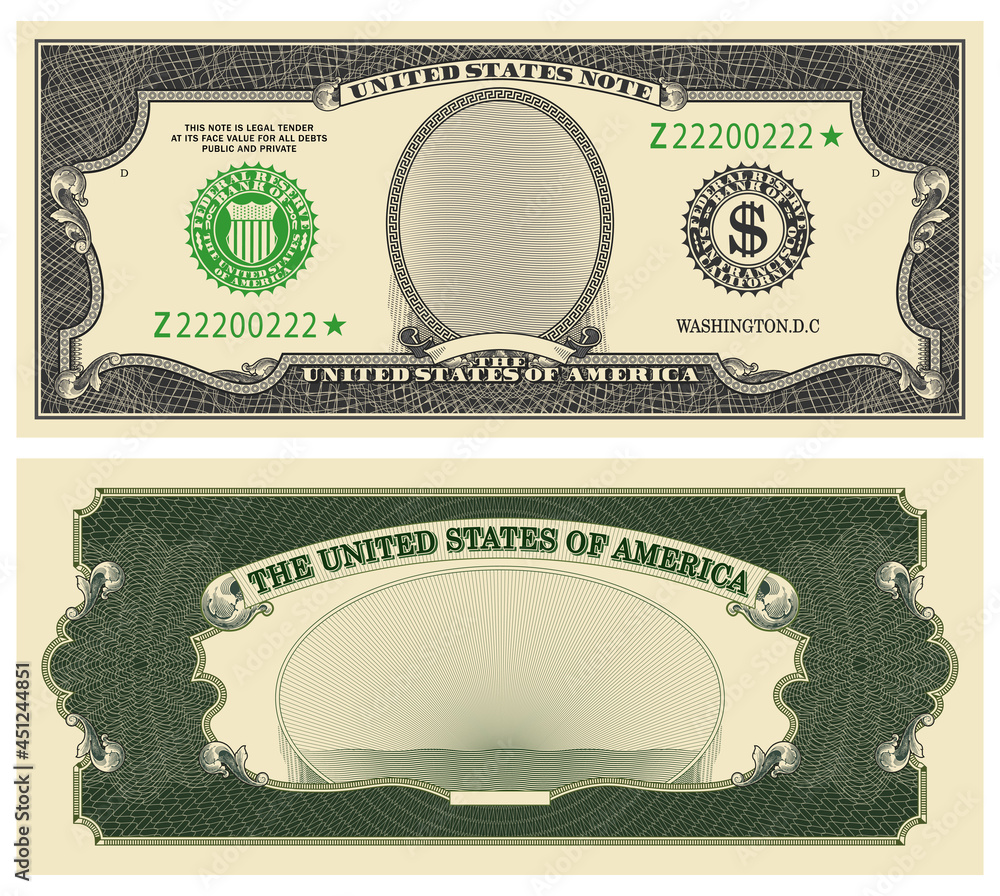 Blank obverse and reverse of the banknote in the style of vintage US paper money. Banking seals of the Federal Reserve System. Retro frames with guilloche and grid - obrazy, fototapety, plakaty 
