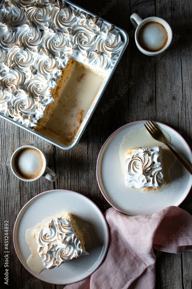 three Milks cake and coffee mugs three Milks cake and coffee mugs