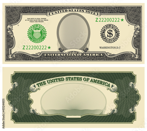 Blank obverse and reverse of the banknote in the style of vintage US paper money. Banking seals of the Federal Reserve System. Retro frames with guilloche and grid photo