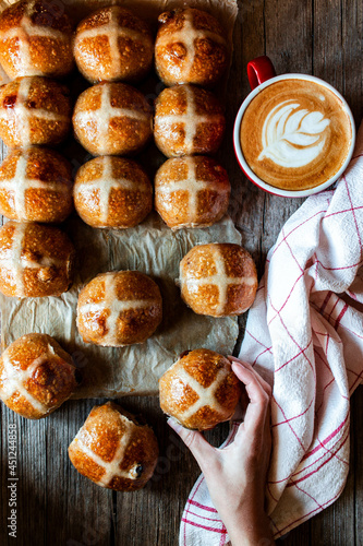 Freshly baked sourdough hot cross buns photo