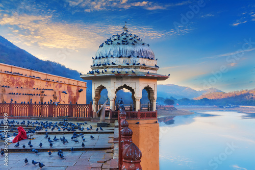 Amber Fort elements, view on the Maotha Lake near Jaipur, Rajasthan, India photo