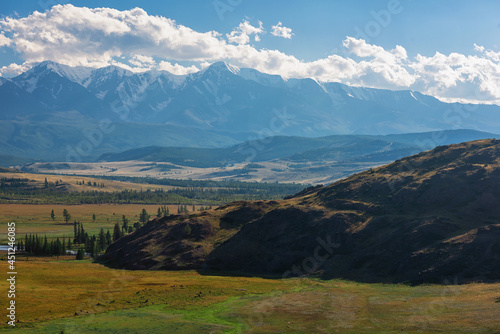 Kurai steppe and North-Chui ridge on background. Altai mountains, Russia.