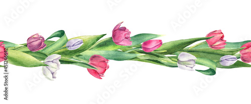 Fototapeta Naklejka Na Ścianę i Meble -  Watercolor floral horizontal border isolated on white background, seamless pattern. Spring flowers, colorful tulips, botanical illustration, watercolor painting.