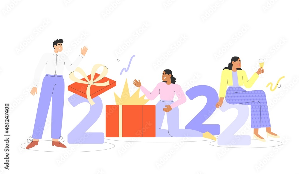Fototapeta premium Concept of Corporate Christmas and New Year celebrations. Flat vector illustration with happy people opening presents and holding numbers 2022. Secret Santa or a party with friends or colleagues.