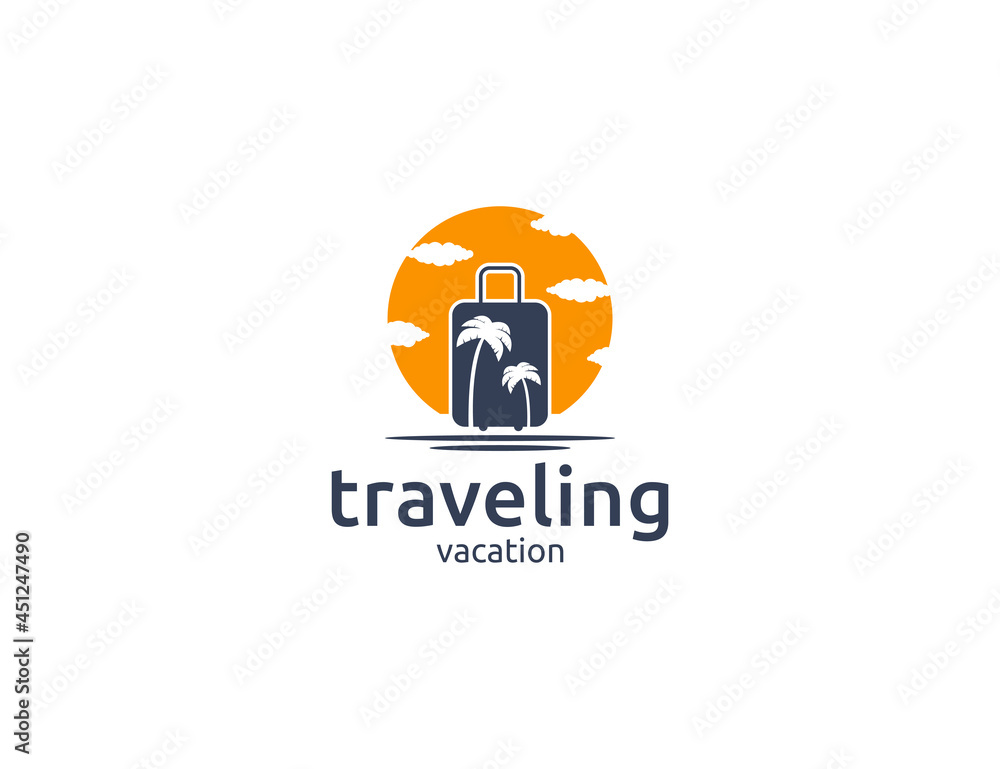 Traveling logo design with travel bag, palm tree, and sun illustration Traveling logo design with travel bag, palm tree, and sun illustration
