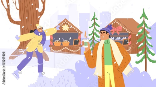 Concept of Christmas market. Flat vector illustration with happy people skating in ice rink, relaxing, drinking mulled wine, buying gifts at the fair. Christmas and New Year celebrations. 