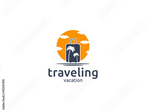 Traveling logo design with travel bag, palm tree, and sun illustration