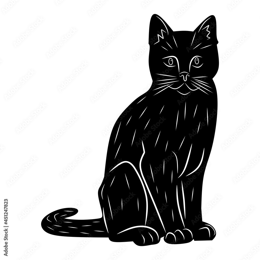 Obraz premium Cat in black, sitting isolated on a white background, vector illustration for design and decor, Halloween