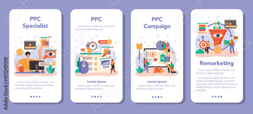 PPC specialist mobile application banner set. Pay per click manager