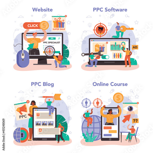 PPC specialist online service or platform set. Pay per click manager