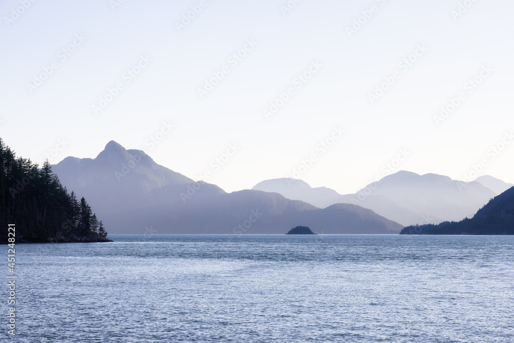 Canadian Nature Mountain Landscape Background. Sunny Evening before Sunset. View of Howe Sound, between Squamish and Vancouver, British Columbia, Canada.