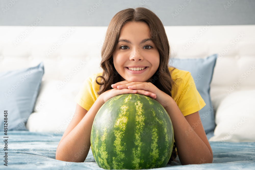happy teen girl portrait hold fresh ripe watermelon fruit, childhood happy teen girl portrait hold fresh ripe watermelon fruit, childhood