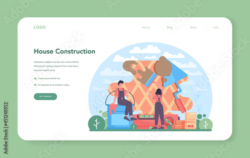 Plasterer web banner or landing page. People in the uniform plastering