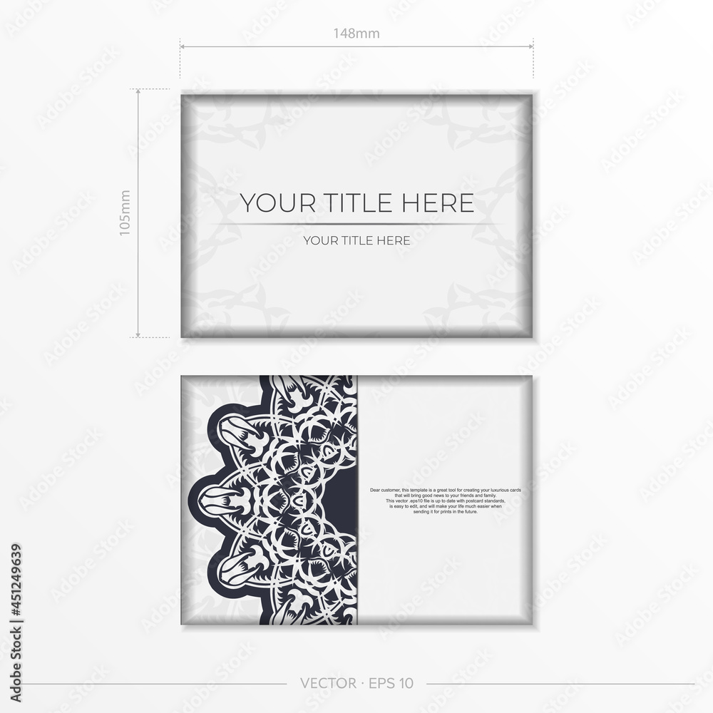 Vintage White color postcard template with abstract patterns. Vector Print-ready invitation design with vintage ornaments.