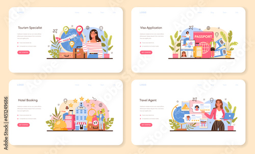 Tourism specialist web banner or landing page set. Travel agent selling tour