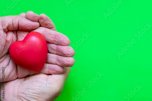 red heart in elderly hands, with green background.