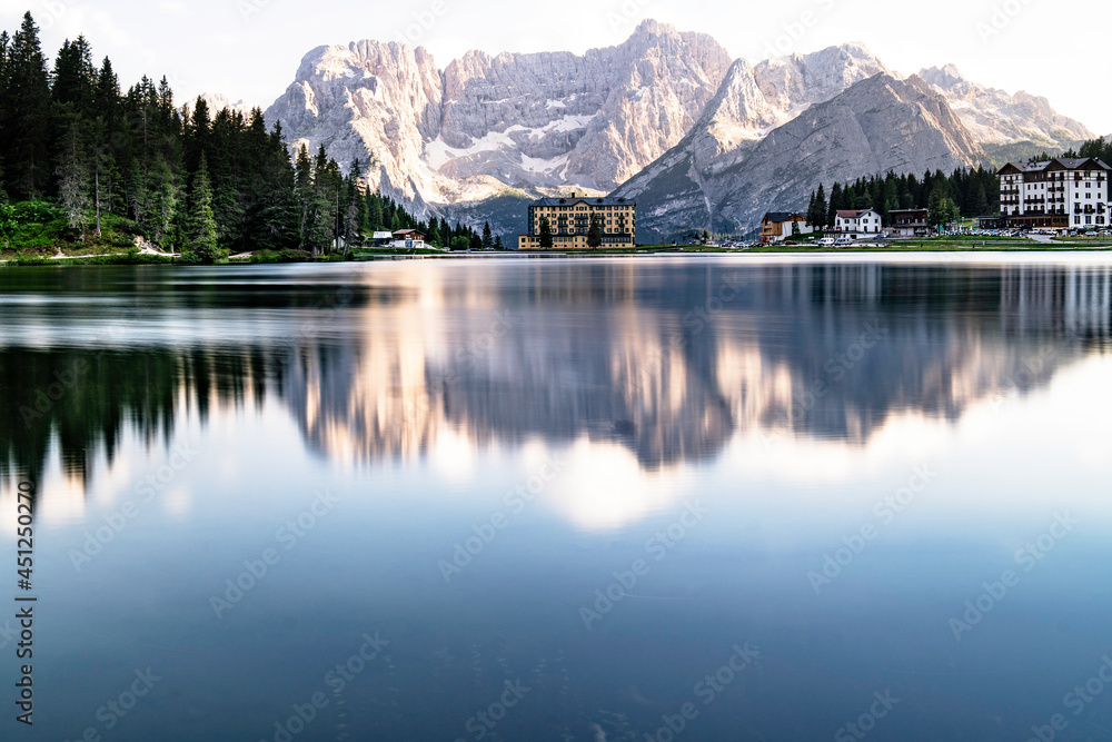 Beautiful view from Lake Misurina, in Italy, with the Crystal Mount on the background