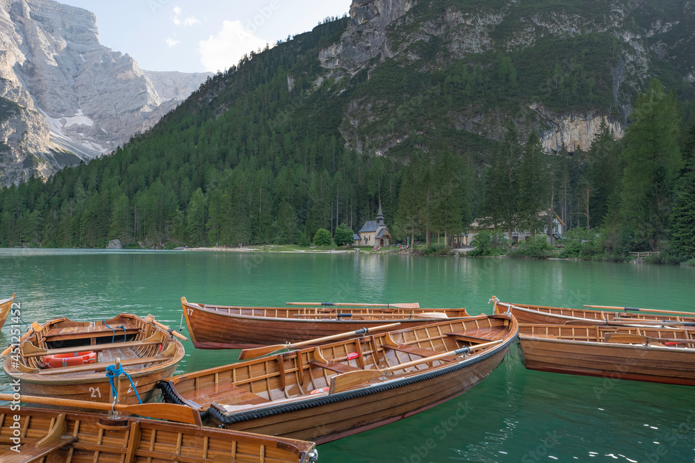 Beautiful view of Lake Braies, Trentino-Alto Adige, Italy with boats
