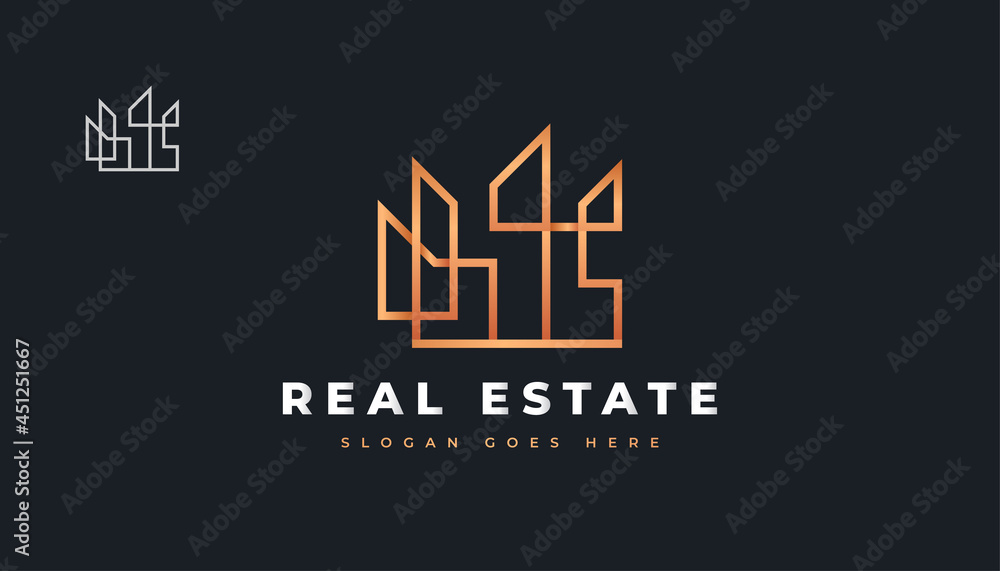 Abstract Gold Real Estate Logo Design with Line Style. Construction, Architecture or Building Logo Design