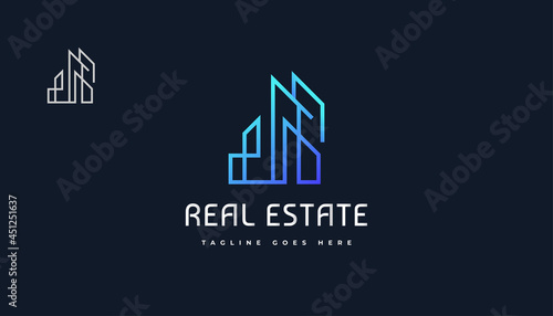Blue Abstract and Futuristic Real Estate Logo Design with Line Style. Construction, Architecture or Building Logo Design