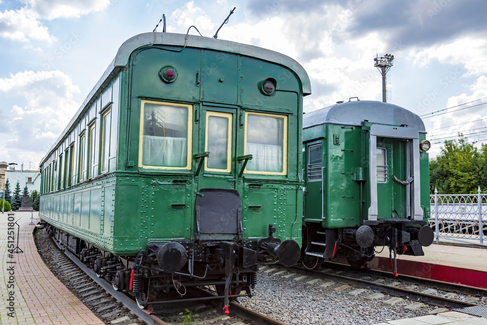 Rare Soviet retro railroad car. Exposition area of RZD railway vehicles at Rizhskaya station. Moscow, Russia Rare Soviet retro railroad car. Exposition area of RZD railway vehicles at Rizhskaya station. Moscow, Russia