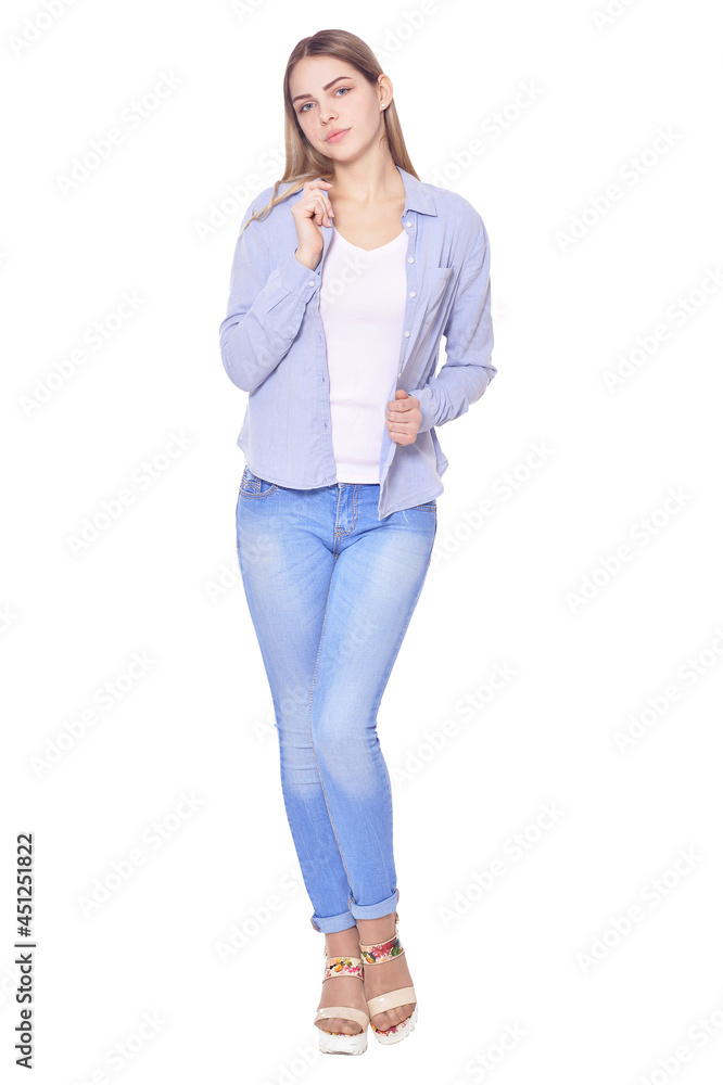 portrait of beautiful woman in blue jeans posing isolate portrait of beautiful woman in blue jeans posing isolate