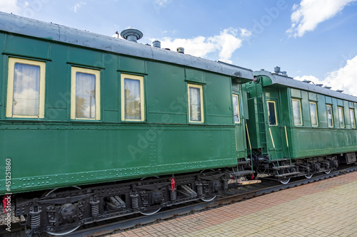 Rare Soviet retro railroad car. Exposition area of RZD railway vehicles at Rizhskaya station. Moscow, Russia