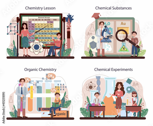 Chemistry school lesson set. Student learning chemical formula