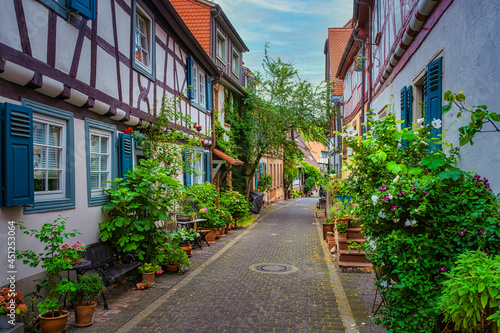 View into a small alley in Heppenheim / Germany in the Odenwald with plenty of floral decorations in front of the houses 