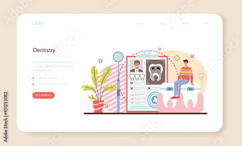 Dentist web banner or landing page. Dental doctor in uniform