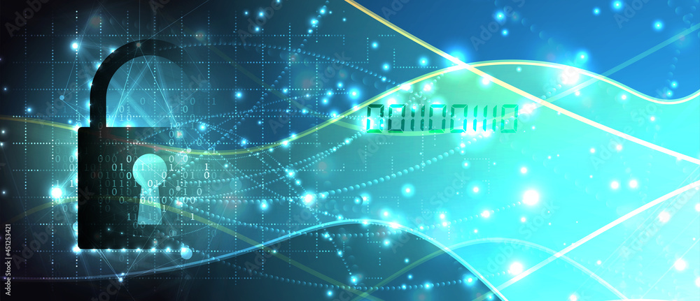Naklejka premium internet digital security technology concept for business background. Lock on circuit board