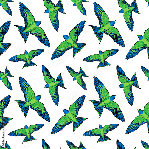 Vector seamless pattern with green parrots on white background. Tropical bird...