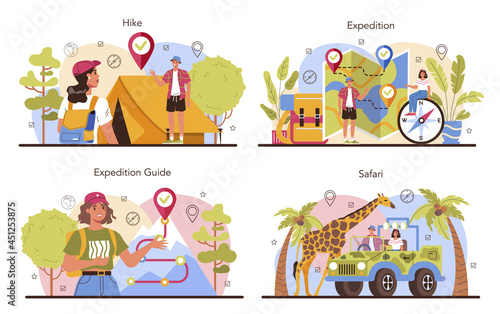 Expedition guide set. Tourists hiking, making tent and sitting at the campfire