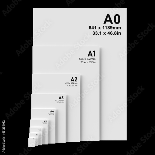 International A series paper size formats from A0 to A8, with black text printed on white textured paper and isolated on a black background. 3D Illustration photo