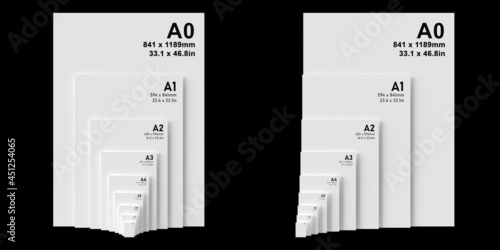 International A series paper size formats from A0 to A8, with white text printed on black textured paper and isolated on a white background. 3D Illustration photo