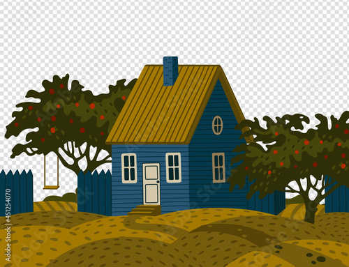 Suburban house - dacha. Rural landscape with blue Barn house in rustic style and green fruit garden