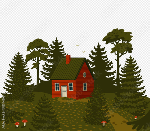 Forest landscape. Woods landscape with Red cabin