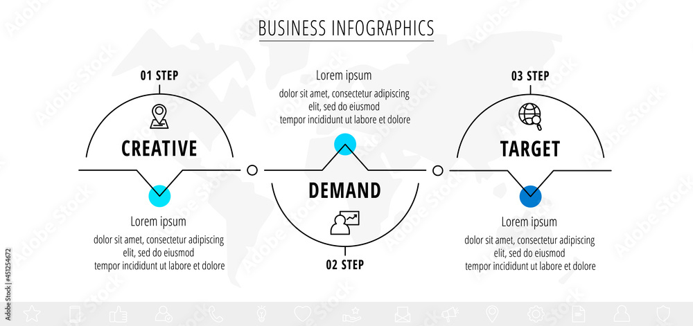 Naklejka premium Vector line infographics template for three arrows and icons. Business concept with 3 elements. Modern blank space for chart, step for step, timeline, diagram, web