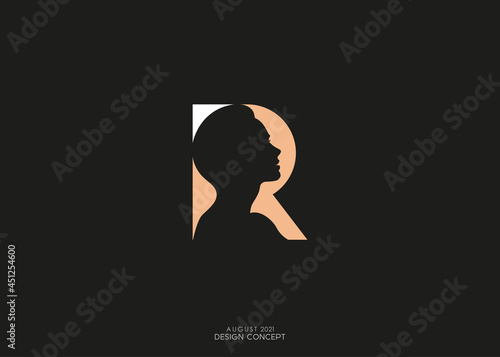 Beautiful idea silhouette of a woman head with letter R for logo and symbol. Vector