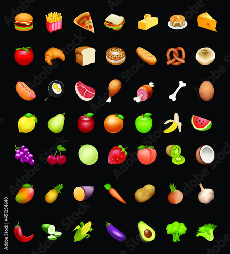 Food and fruit vector emoji illustration. Food and beverages, fruits symbols, emojis, emoticons, stickers, icons Vegetables, cakes, vector illustration flat icons set, collection, pack. 