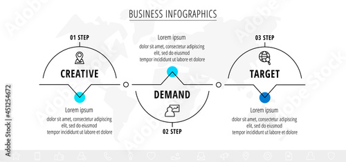 Vector line infographics template for three arrows and icons. Business concept with 3 elements. Modern blank space for chart, step for step, timeline, diagram, web